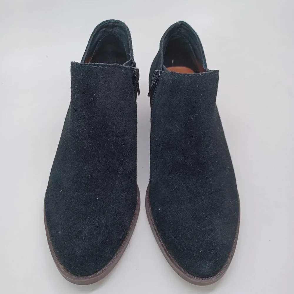 Lucky Brand Ankle Boots Womens‎ US 6.5 M Black Suede Fanky Side Zip Low Heel